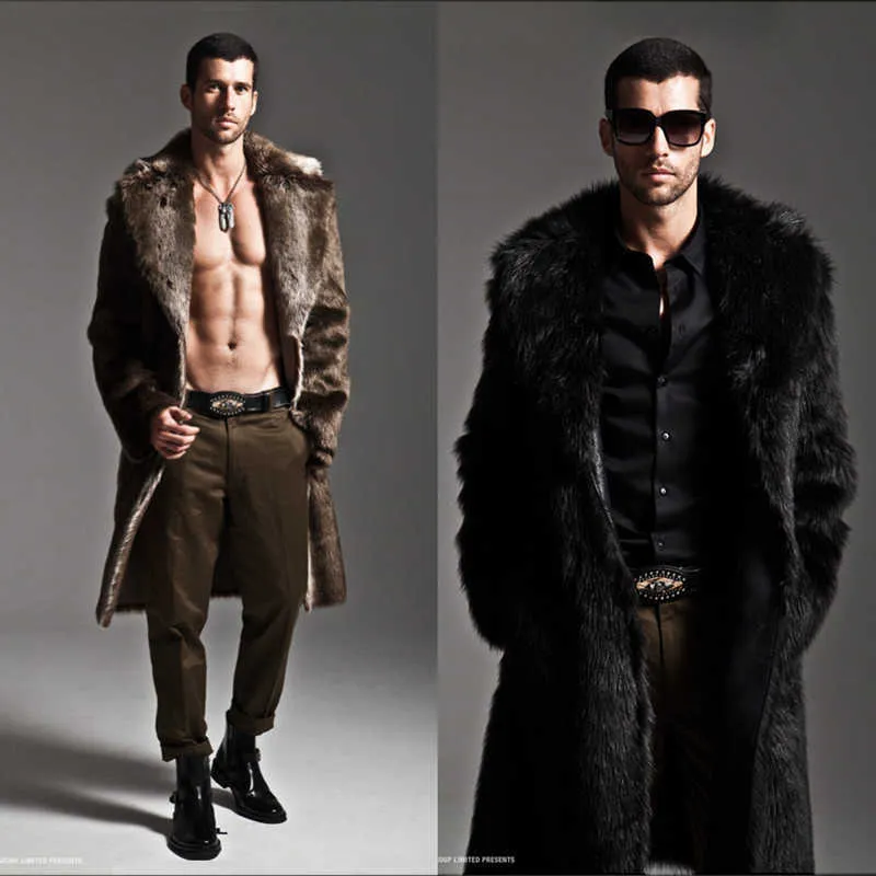 Manteau d'hiver en fausse fourrure pour homme, Long, Imitation lapin, coupe-vent intégré, col de costume, T221102