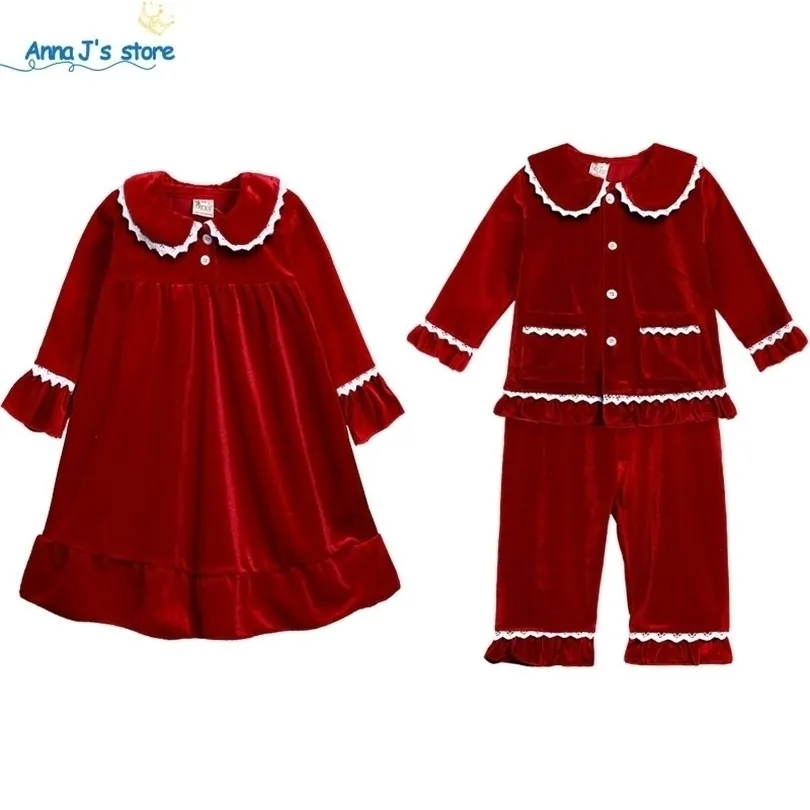 Pyjamas Winter Essential Christmas Pyjamas Set Sleepwear Kids Girls Red Velvet Lace Long Sleepants Children Clothing Baby Boys Pass 221102