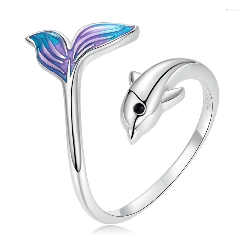 Clusterringen Authentieke 925 Sterling Silver Dolphin Ring For Women Fine Jewelry Gleurde Tail Kids Beach Party Cadeau BSR270