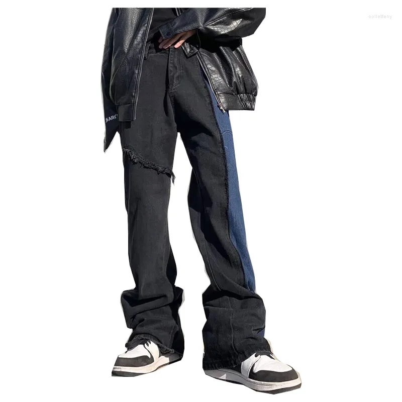 Herrjeans 2022 Ankomster Färgblock Patchwork Herr Baggy Flare Byxor Hip Hop Rak Lös Casual Dam Jeansbyxor Pantalon