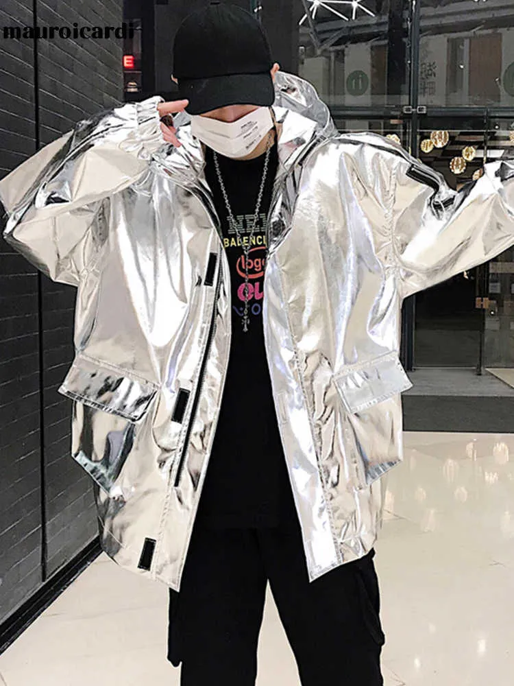 Men's Leather Faux Leather Mauroicardi Spring Autumn Shiny Reflective Faux Leather Jacket Zipper Cool Luxury Designer Windbreaker Hip Hop Clothes Men 2022 T221102