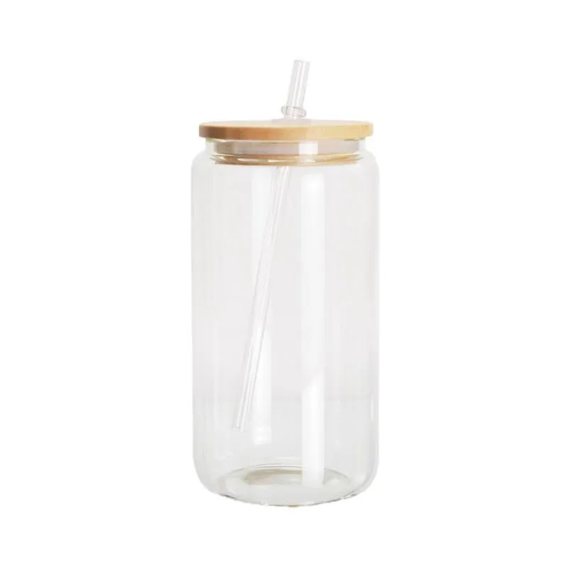 US Warehouse Sublimation Gobelets en verre avec couvercles en bambou et paille Blancs de 16 oz Café glacé Bière Tasses Jus Soda Cocktail Tasses