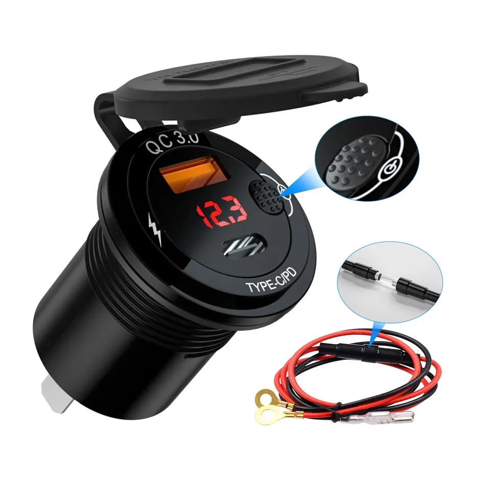 Dual-USB-Autoladegerät, PD 20 W, Typ C, Schnellladung, QC3.0, wasserdicht, mit Voltmeter-Schalter, Schnellladeadapter