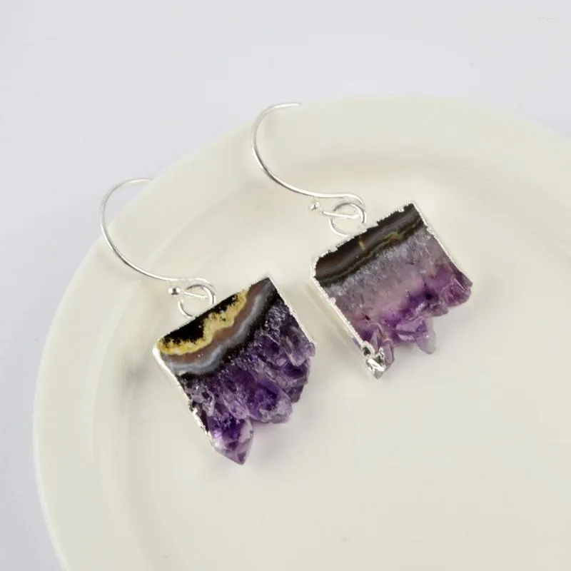 Boucles d'oreilles en peluche Borosa Améthystes naturels Slice Earring Couleur argentée Bijoux de quartz en cristal violet cru pour les femmes WX1355