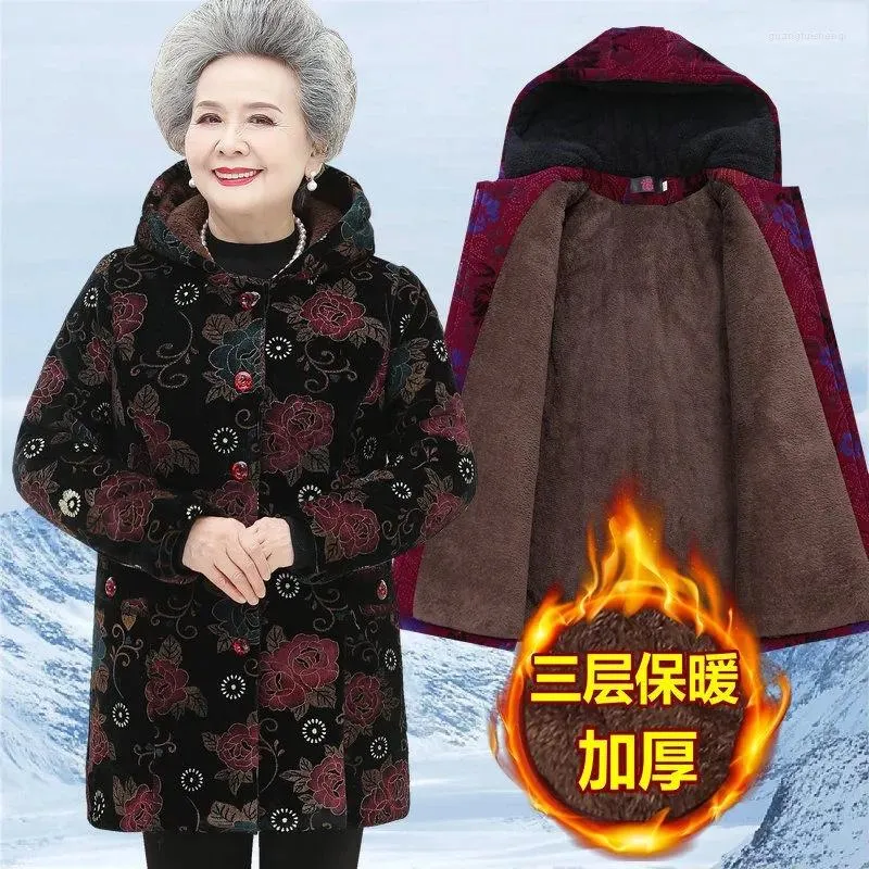 Gabardina para mujer, ropa acolchada de algodón para abuela, abrigo largo medio para mujer, chaqueta con capucha gruesa para madre de invierno