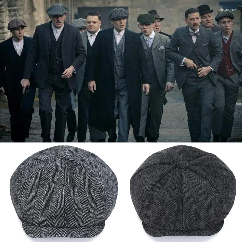 Berets Men's Tweed British Sboy Hat Herringbone Gatsby Street Hats Octagon Brim Four Seasons Hip Hop Beret Painter