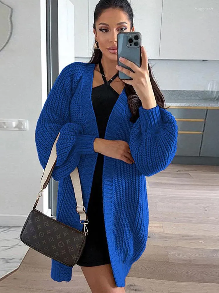 Kvinnors tröjor Autumn Tjock Lantern Sleeve Cardigan Women Loose Casual Knit Long Sweater Female 2022 Fashion Soft Ladies Maxi