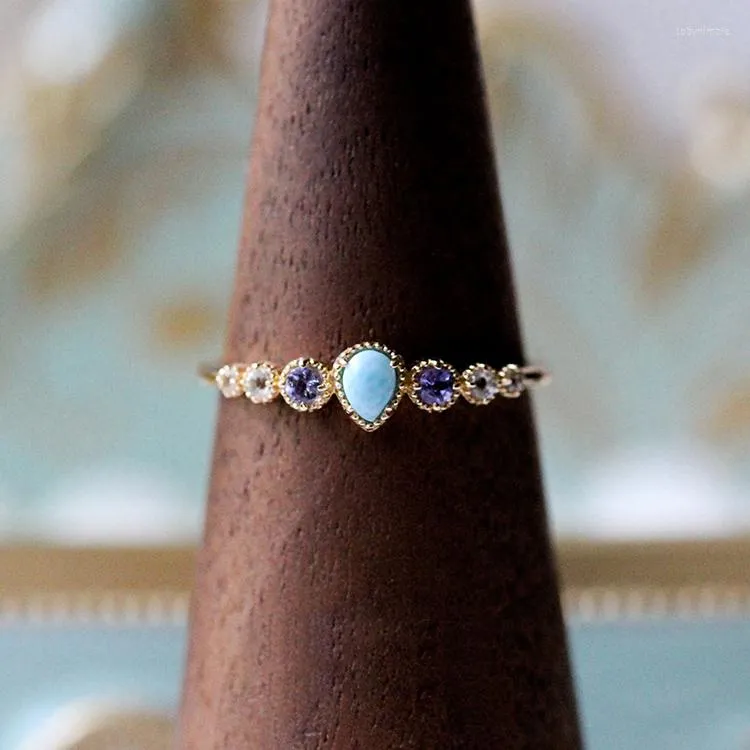 Clusterringen Lamoon 925 Sterling zilveren ring voor vrouwen zeepatroon larimar tanzaniet witte topaz edelsteen vergulde fijne sieraden lmri144