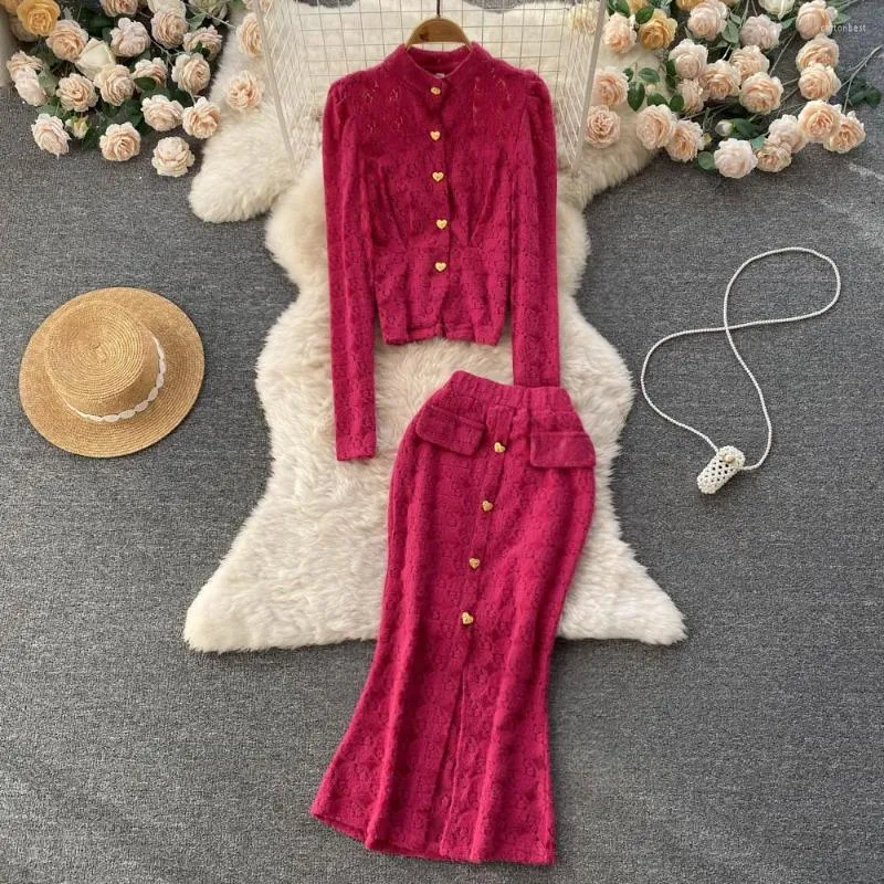 Work Dresses Autumn Season Light Mature Wind Jacquard Lace Waist Slim Top Plus High Hip Half Skirt Two-piece Set Woman