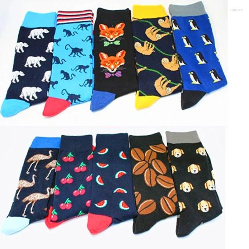 Men's Socks High Quality Men's Happy 35 Color Animal Diamond Cherry Combed Cotton Calcateines Largos Hombre