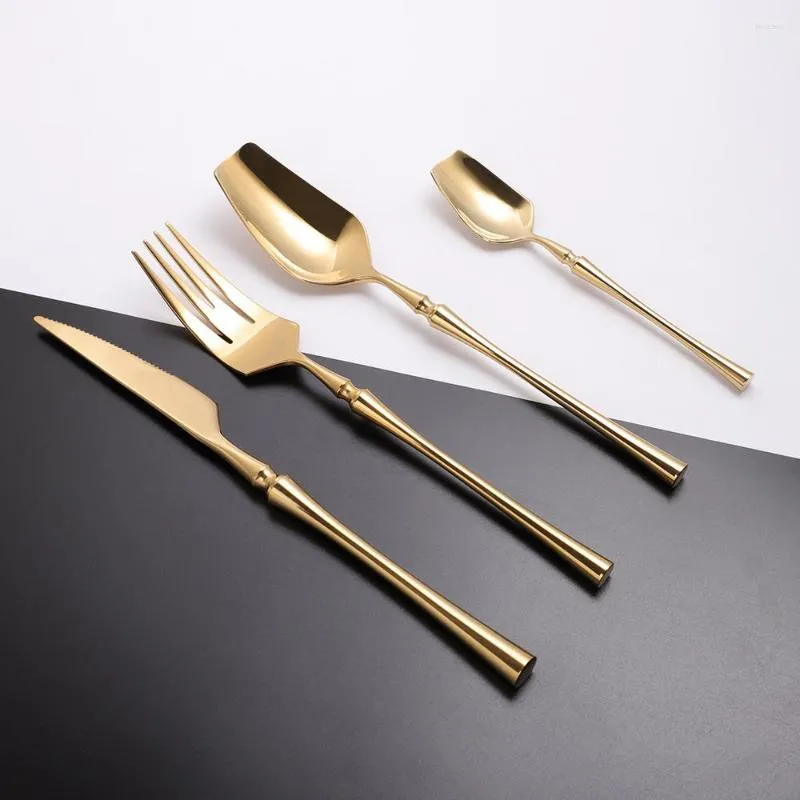 Servis upps￤ttningar k￶k spegel/matt guld bestick v￤sterutr￶st st￥l set plattvaror knivar skedar gaffel gabbelformning dropshopping