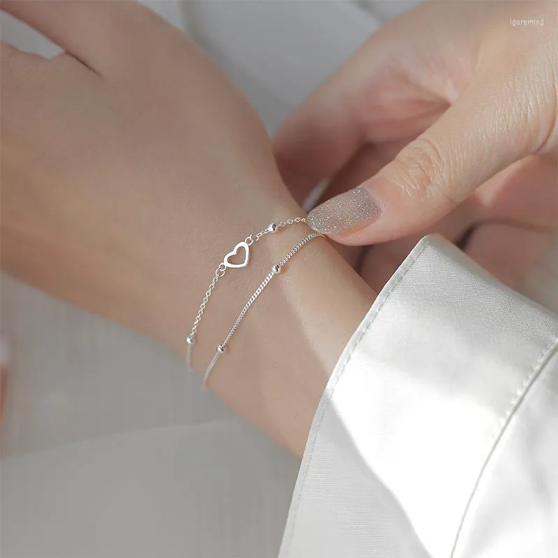 Link Bracelets Silver Color Double Layers Hollow Heart Charm For Women Elegant Birthday Wedding Party Jewelry Sl001