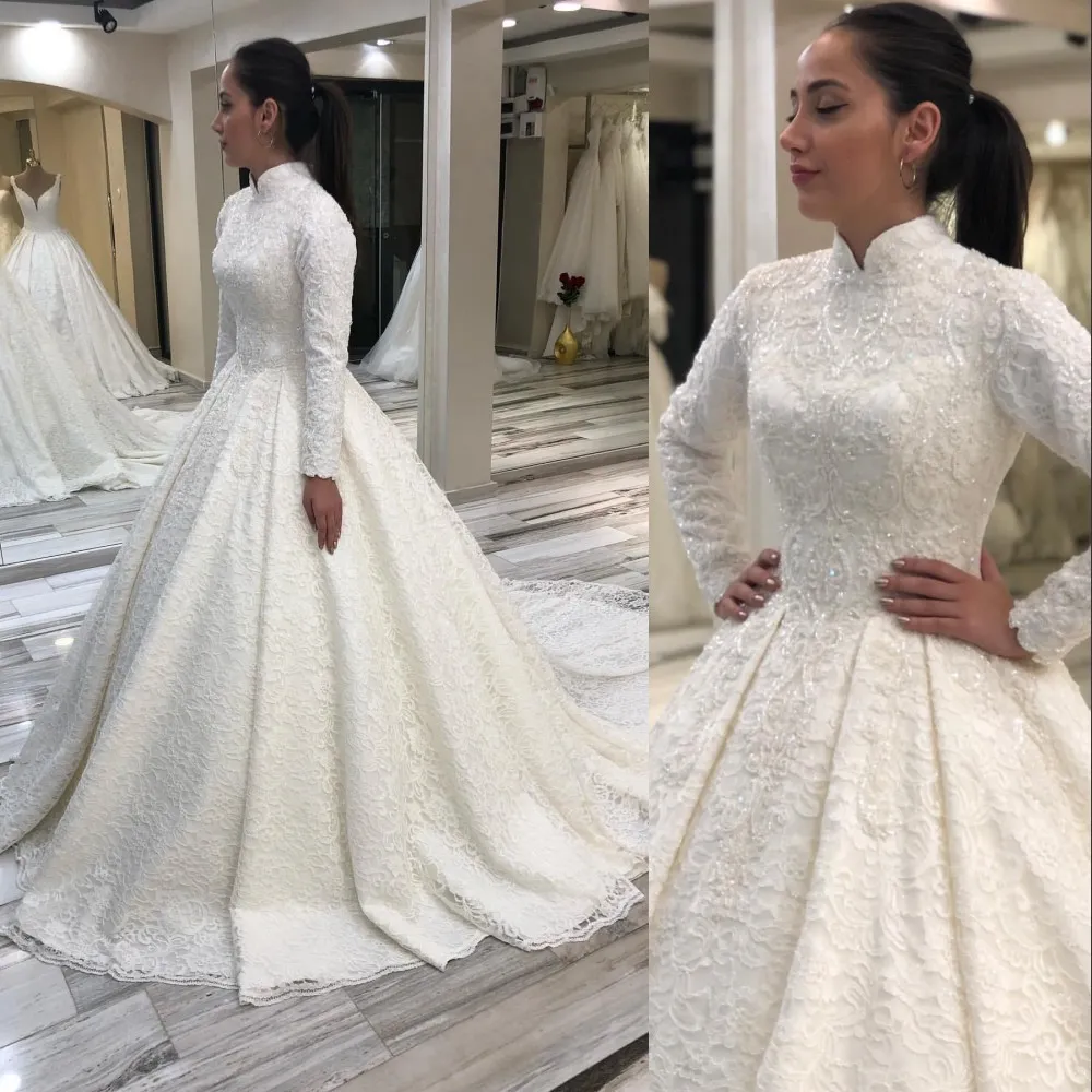 2023 robe de bal robes de mariée musulman luxe col haut Dubaï Arabie pleine dentelle perles de cristal perles manches longues grande taille robes de soirée de mariée robe de mariage