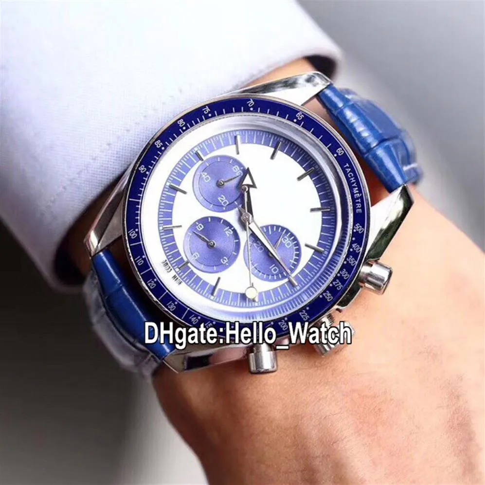 New Moonwatch Master 311 33 40 30 02 001 Quartz Chronograph Mens Watch White Dial Blue Subdial Steel Case Blue Leather Watches Hel256L