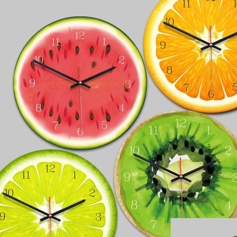 Väggklockor Creative Fruit Wall Clock Lime Modern Kitchen Lemon Klocka Heminredning vardagsrum Tropiska konst Timepieces H0922 Drop Deli DHGS6
