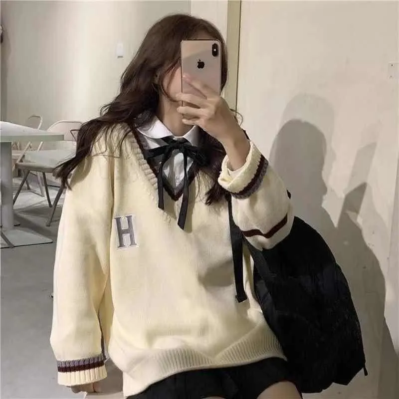 Rosa japansk skol uniform preppy stil tröja kvinnor höst ny koreansk mode lös enkel v-ringning avslappnad