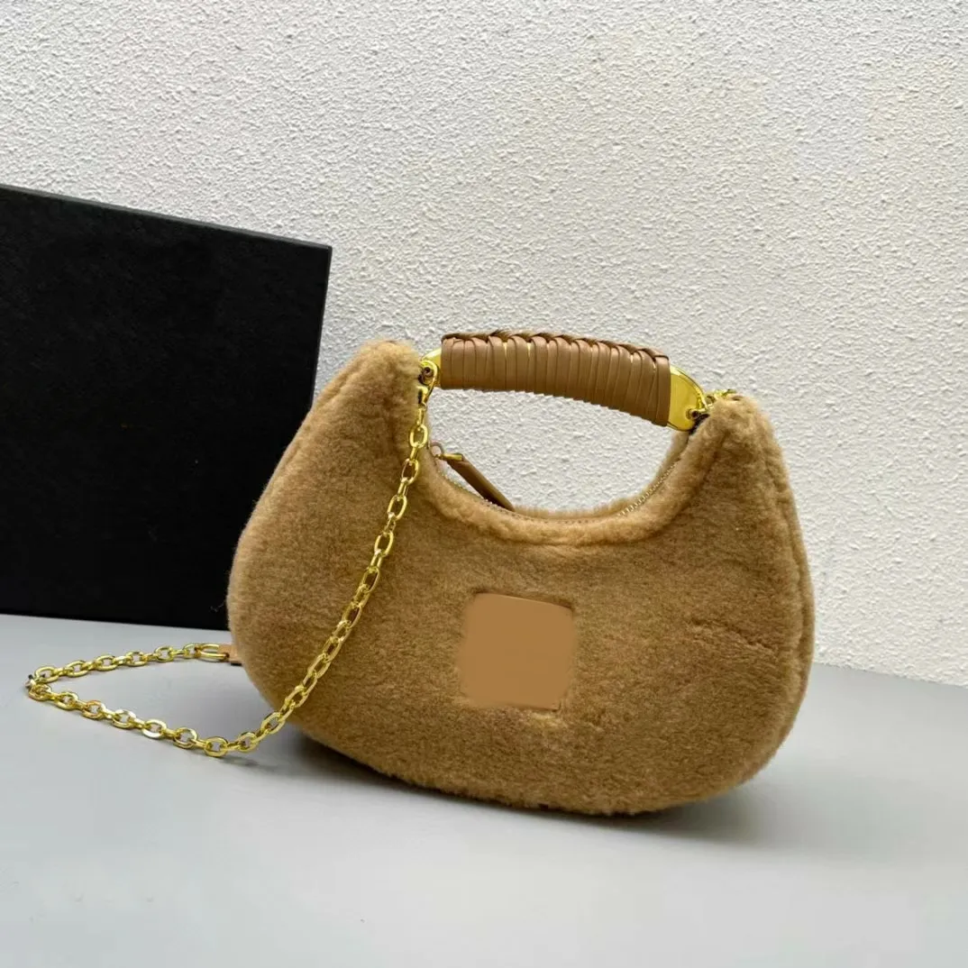 Christmas Designer Shearling Bianca Mini Hobo Bags 2022 Winter Cashmere Shoulder Bags Gold Tone Metal Handle Chain Half Moon Handbags Lamb Wool Purse Leather Pad Bag