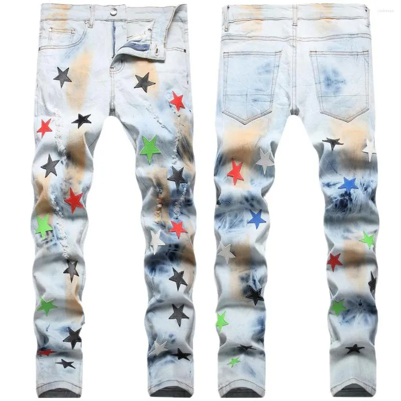 Men's Jeans 2022 Men's Ripped Craft Floating Hand-Painted Stretch XINGX Veneer Straight-Leg Denim Trousers