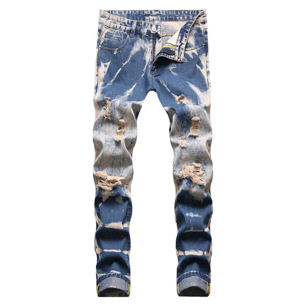 Jeans Masculino Masculino Jeans Tie and Dye Rasgado Jeans Streetwear Buracos Destroyed Calças Lavadas Calças retas T221102