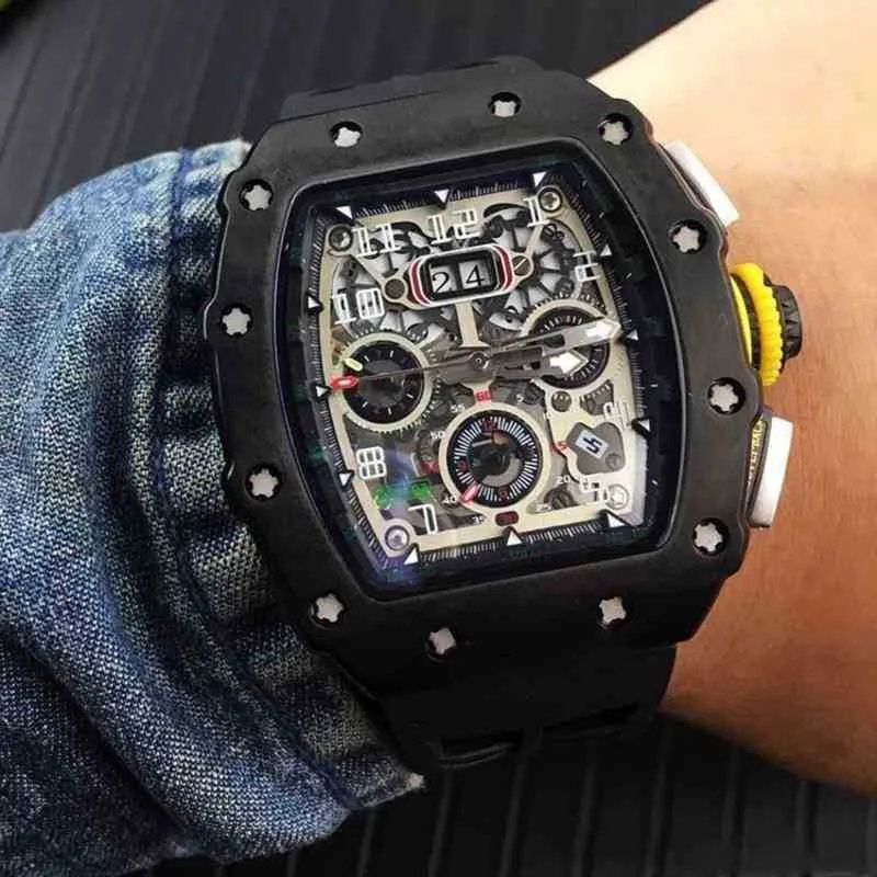 Superclone luksusowy męski zegarek mechaniczny Richa Milles męski automatyczny mechaniczny pełna czarna obudowa żółta guma flyback chrono szkielet data limitowana zegarek na rękę