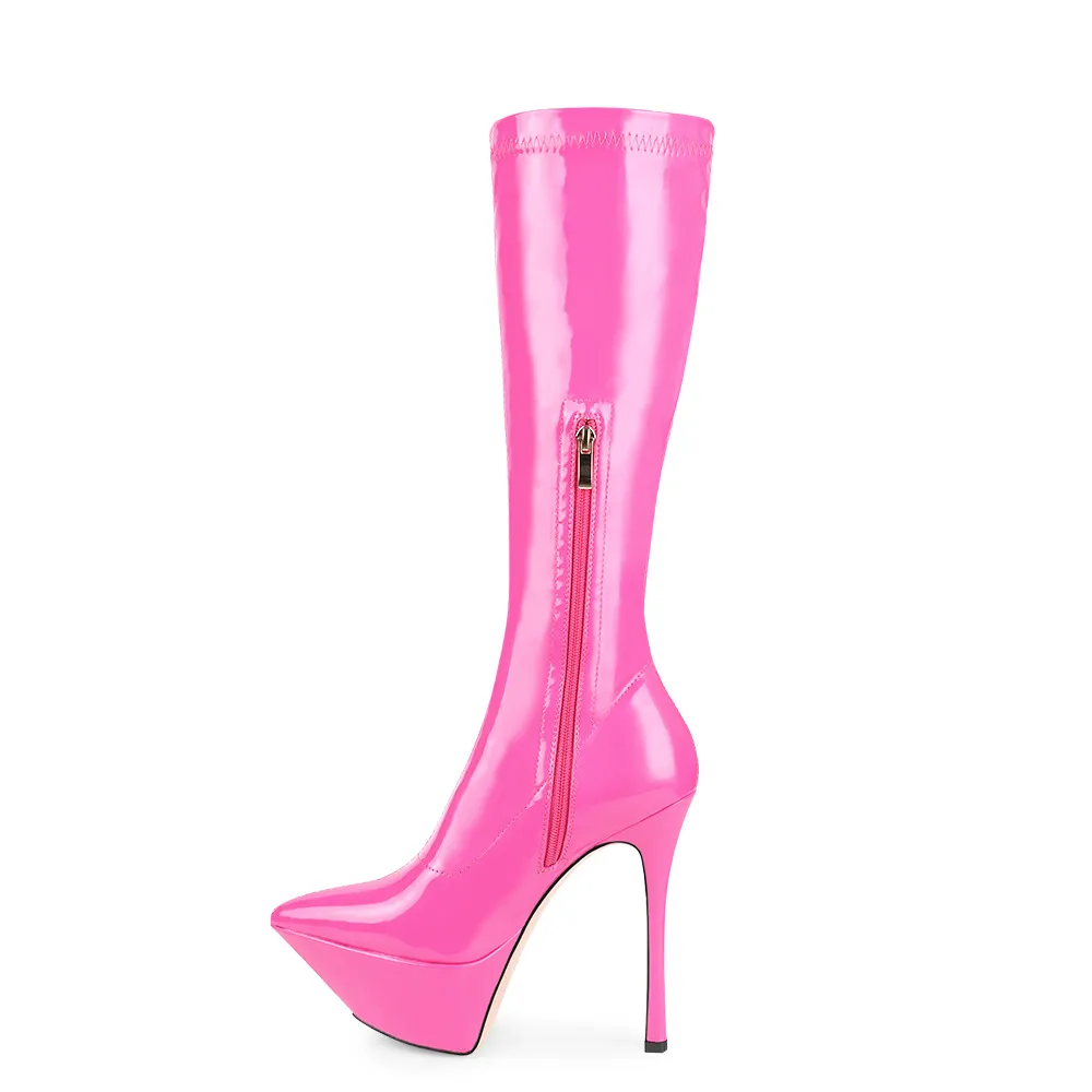New Lady Knee Women Patent 2022 Stivali in stile Stivale in pelle di pelle di pecora con tacchi alti con pilastro puntato di punta di piedi per le gocce di scarpe da festa casual piattaforma