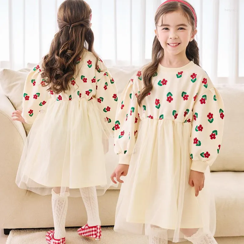 Vestidos meninas bebezoo meninas outono de manga longa suéter de splicing saia de gazia vestido de bola floral vestido princesa para 3-8 anos de roupa de crianças roupas