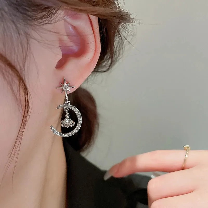 Baumeln Kronleuchter Korea Strass Kreative Mondform Damen Ohrringe AAA Zirkonia Mode Stern Ohrringe Hochzeit Schmuck Anhänger Neu