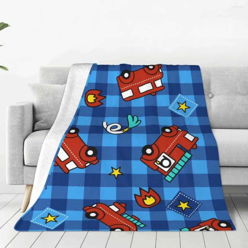 Couvertures Soft Warm Flannel Blanket Fire Truck On Plaid Travel Portable Winter Throw Thin Bed Sofa