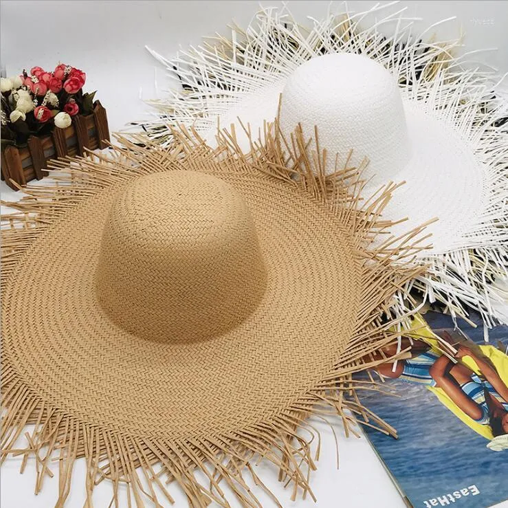 Wide Brim Hats 2022 Summer Paper Straw Hat Big Raw Edge For Women Sun Beach High Quality Nice Cool Flat Top Women's