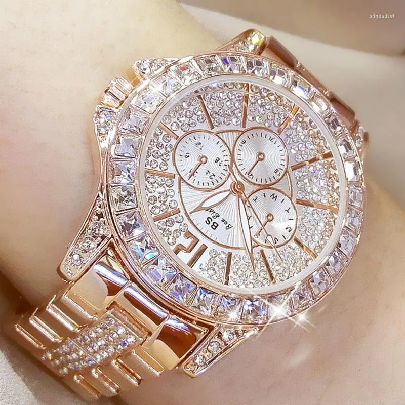 Armbandsur Rose Gold Diamond Watches Women 2022 Elegant Ladies Watch for Big Dial Rhinestone