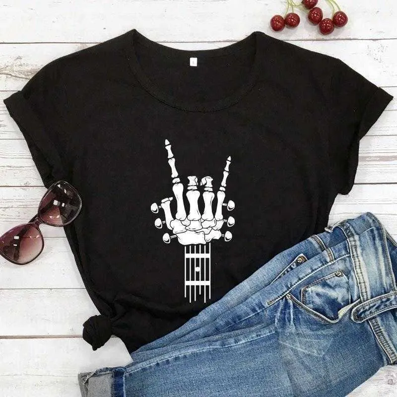 Skeleton Hand Guitar Lover T-shirt Guitarist Shirts Music Tee Women Fashion