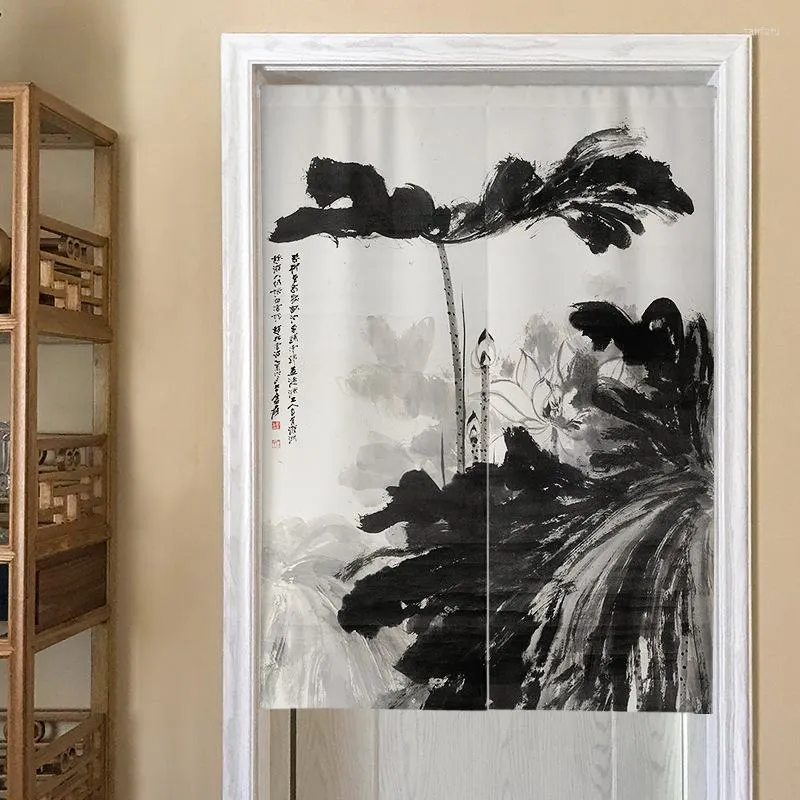 Rideau chinois cuisine courte porte Lotus encre peinture Restaurant salon décor écran rideaux suspendus Polyester
