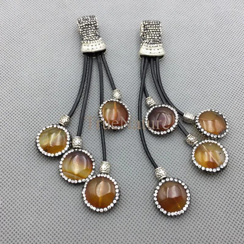 Pendant Necklaces Leather Fringe Tiger Eye Pendants Gold Electroplated Pave Rhinestone Cap Charms For Jewelry In 120 13 Mm PM4705