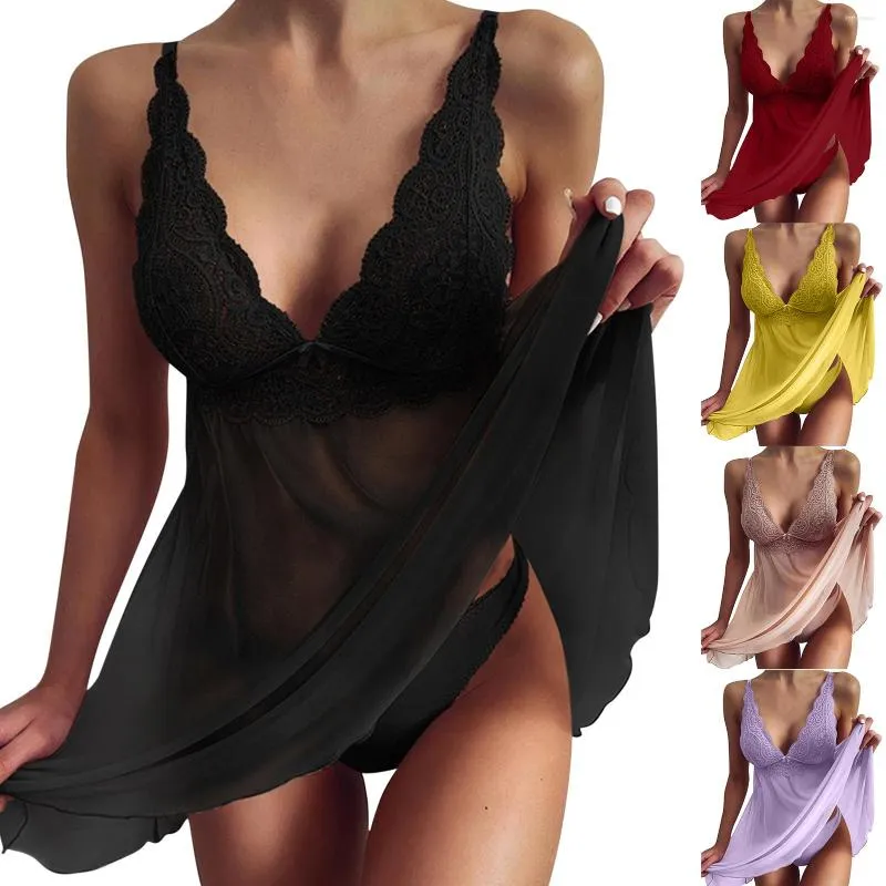 Nightwear de roupas de sono feminino Dis vestido de dormir para mulheres lingerie lingerie sling bordado vos de decote em videira vil de verão sexy lenceria