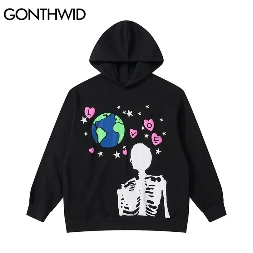 Mens Hoodies Sweatshirts GONTHWID Hip Hop Hoodie Sweatshirt Streetwear Earth Skeleton Print Punk Gothic Hooded Winter Harajuku Cotton Pullover Black 221102