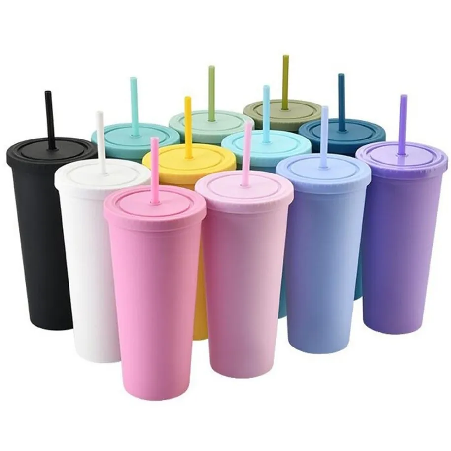 22oz كأس Sippy الأوب من الأكريليك أكواب مزدوجة الجدار المعزول بلاستيل غير لامع مع قش قابلة للتخصيص DIY هدايا SS1103