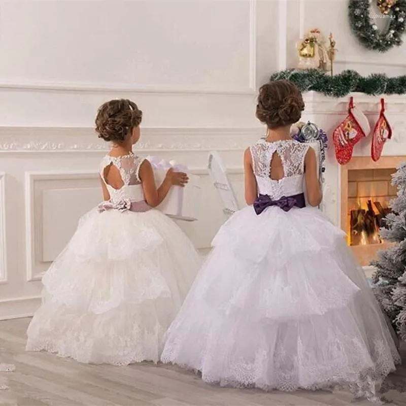 Girl Dresses Kids Flower Vintage Jewel Sash Lace Net Baby Birthday Christmas First Communion Dress Children Party Gown