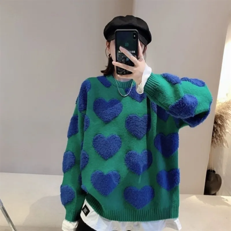 Qnpqyx nova corea y2k women knit false 2 peças Sweater Winters Leisure Love Round Neck Sweater Loose Style Lazy Blouse All-Match