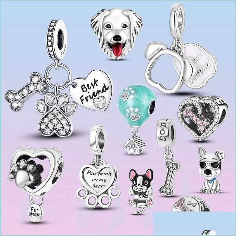 Charms 925 Sterling Sier Ciondola Charm Zampa di cane Charms Best Friend Perline cuore Bead Fit Pandora Bracciale Accessori per gioielli fai da te Goccia Dh9Xi