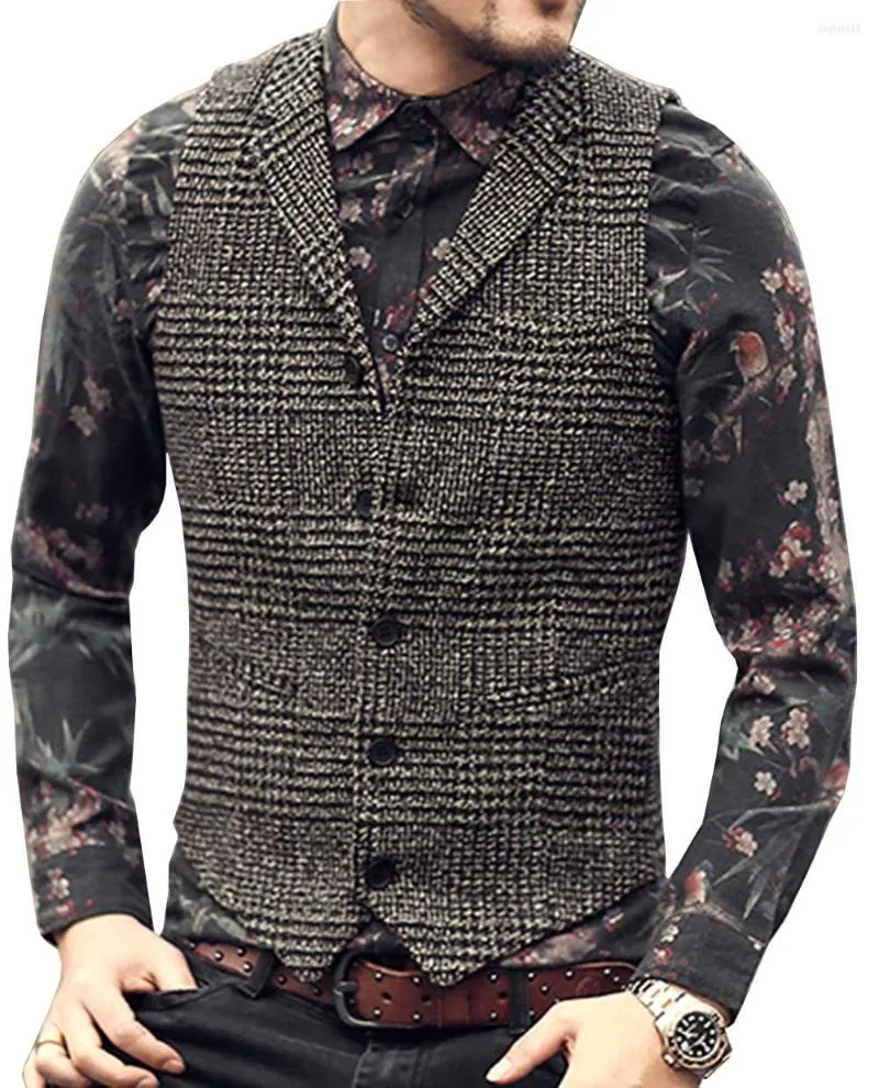 Coletes masculinos vintage xadrez de lã tweed colete casual entalhe lapela colete para padrinhos de casamento