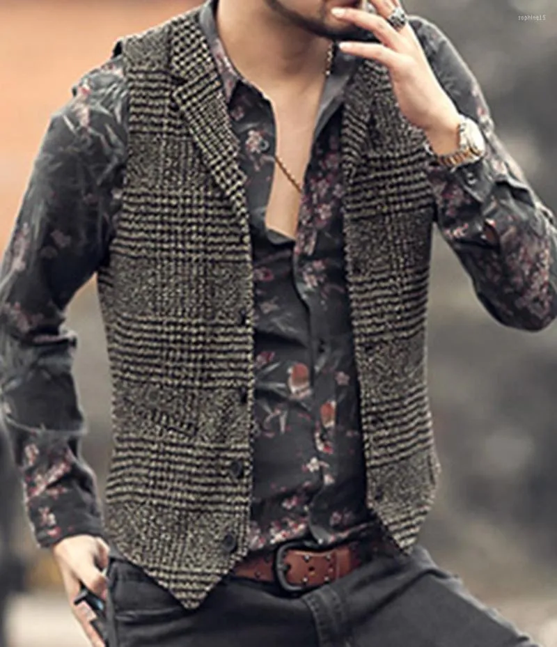 Gilet da uomo Gilet da abito in tweed di lana scozzese vintage Gilet casual con risvolto per testimoni dello sposo di nozze