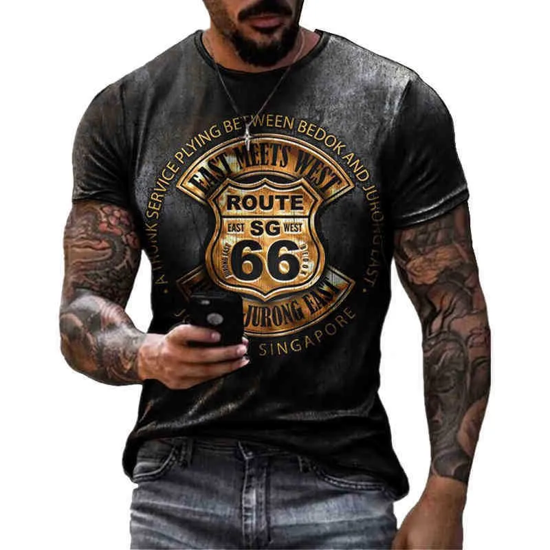 Verano nuevas camisetas para hombre de gran tamaño de tela suelta Vintage corto Sve moda América Ruta 66 letras impresas O camiseta con cuello