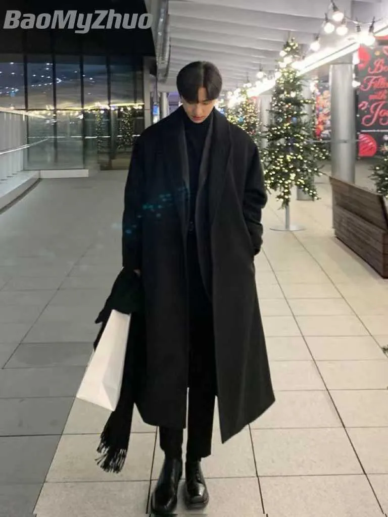 Men's Trench Coats 2022 Autumn Winter Extra Long Wool Trench Coat Brand Men Cashmere Loose Casual Single-Breasted Overcoat Male Fashion Black Coats T221102