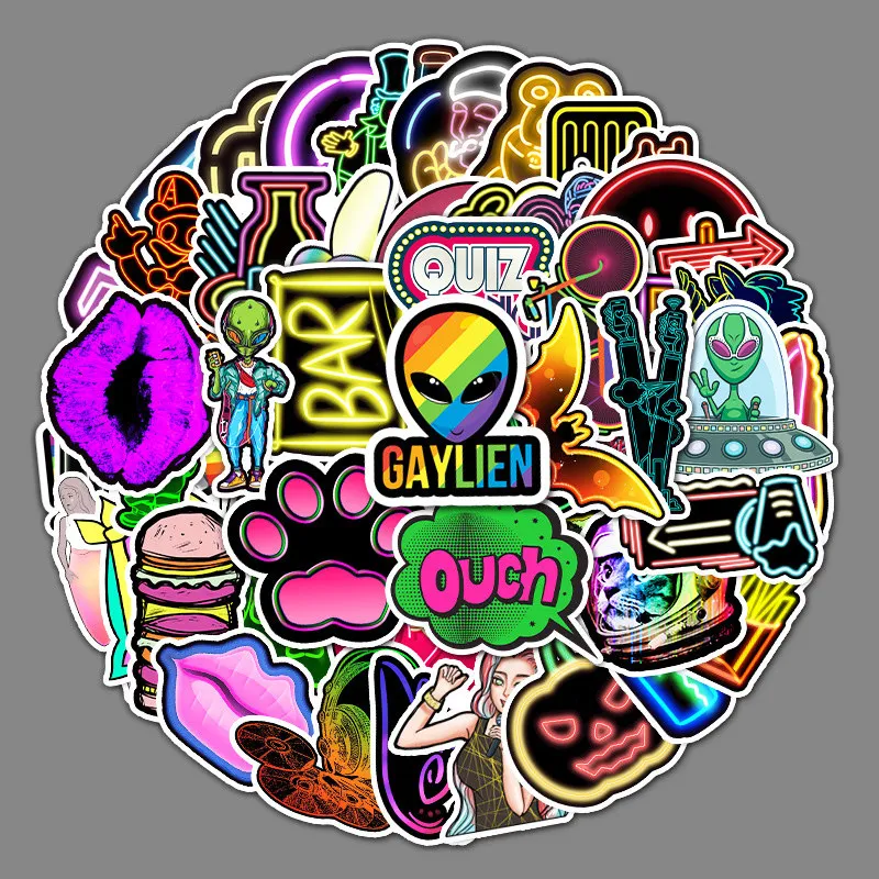 53PCS Cool Cartoon Neon Car Stickers for Kids Laptop Diresporzy Bureta Water Butteboard Suitcase Laptop Notebook DIY Personalize Wodoodporne naklejki naklejki naklejki