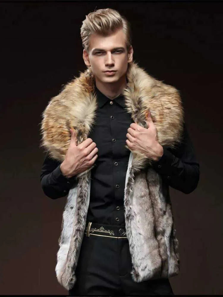 Мужской меховой жилет Slim Fit отворотный лацкат Большой воротник короткий жилет мужская куртка коричневая кожаная зима теплое пальто t221102