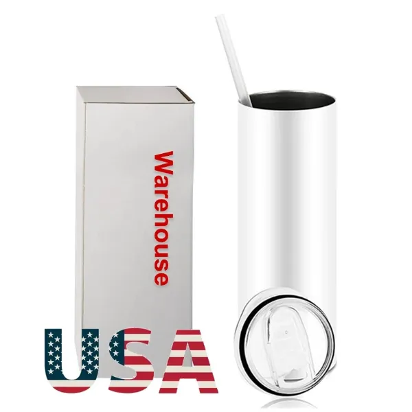 20oz US Stock Straight Tumbler 304 rostfritt stål vattenflaskor vakuumisolerat ölkaffe muggkopp med lock och plaststrån SS1103