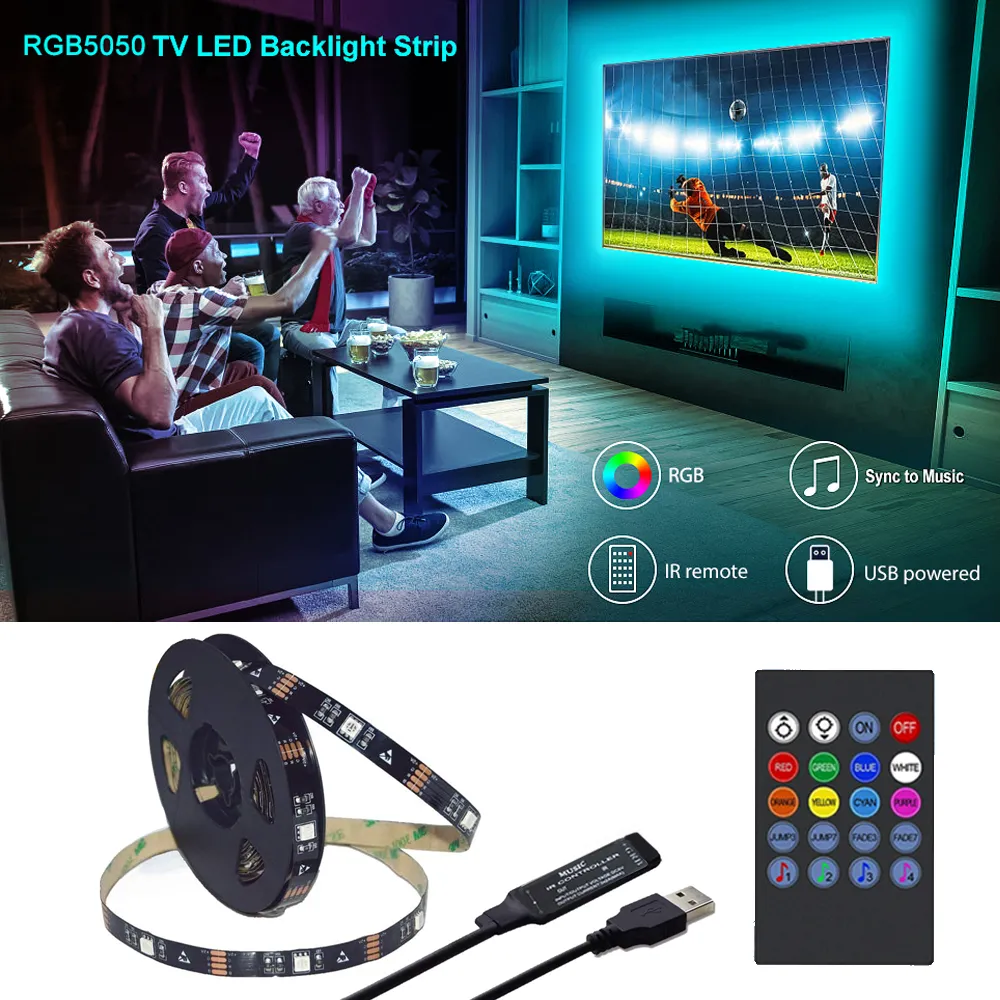 Tiras de LED Retroiluminación de TV Sincronización de música Luz de tira RGB5050 alimentada por USB para 15