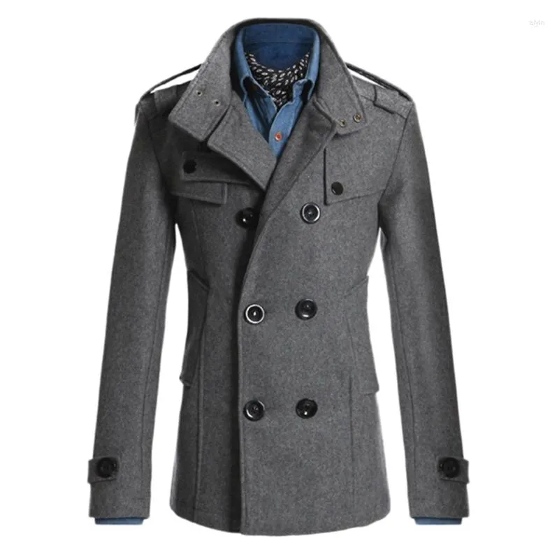 Мужские траншевые пальто винтажные двойные грудки поворотный воротник шерстяной осенний зимний