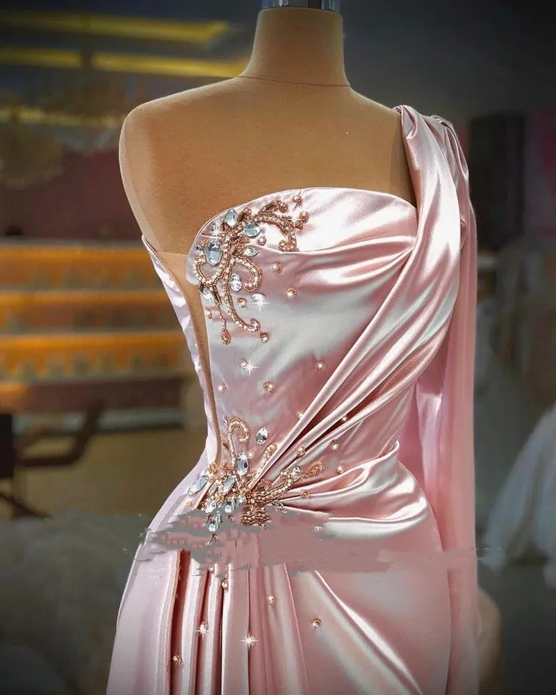 2023 Pink Satin Mermaid Prom Party Dresses One Shoulder Beaded Front Split Formal Evening Occasion Gowns Robe De Marriage