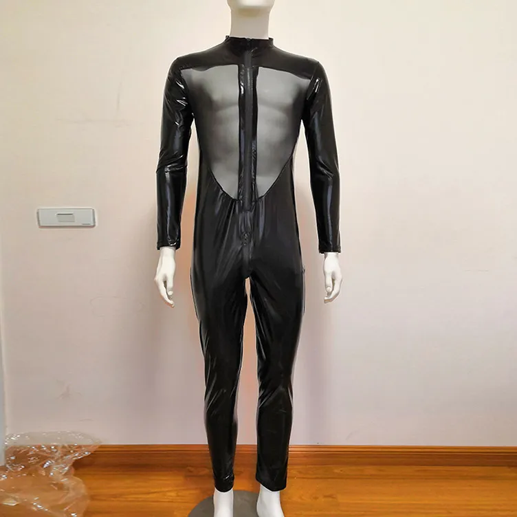 Catsuit Costumes Men Sexig Wetlook underkläder latex Faux läder främre dragkedja Öppen Crotch Bodysuit Fetisch Costume Erotic Body Suit
